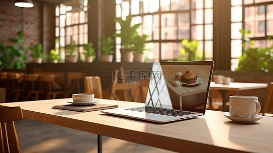 后台背景图片_咖啡桌上带有空白屏幕的笔记本电脑的 3D 渲染，后台散景共同工作空间