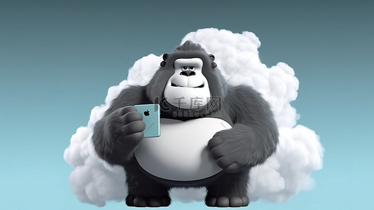 搞笑的 3D 肥胖大猩猩人物抓着云符号
