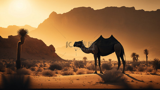 沙漠骆驼夕阳背景