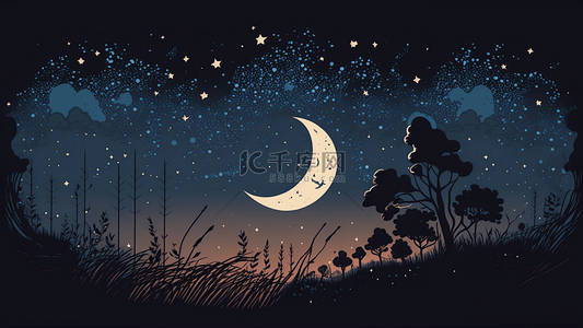 夜晚星空月色景扁平风格插画背景图