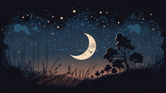 中秋插画中秋背景图片_夜晚星空月色景扁平风格插画背景图