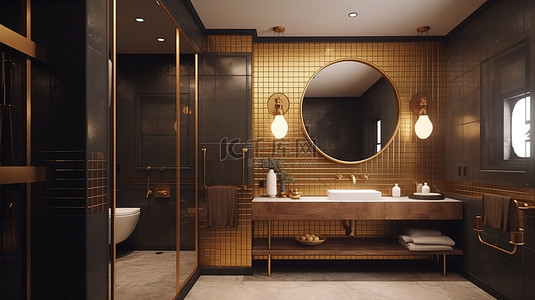 浴室和洗手间采用黄铜和木材 3d 风格设计