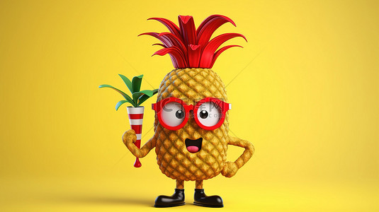 欢快的卡通时髦菠萝吉祥物，在 3D 渲染的黄色背景上带有红色查询标记