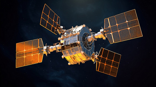 空间信息科技背景图片_具有三块太阳能电池板的 3D 渲染空间卫星