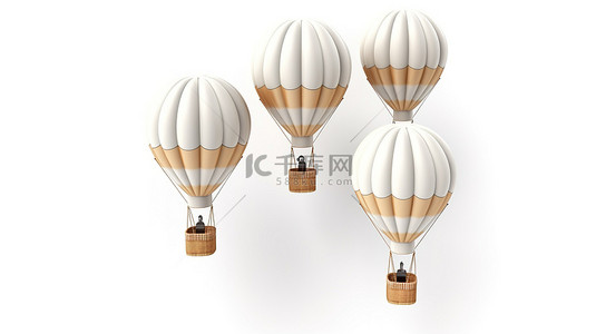 热气球天空背景图片_白色背景上 3D 插图中白色热气球的集合