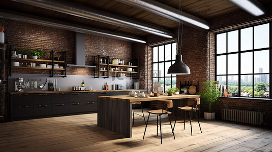 黑色房间背景图片_令人惊叹的 3D 渲染现代阁楼厨房配有深色家具