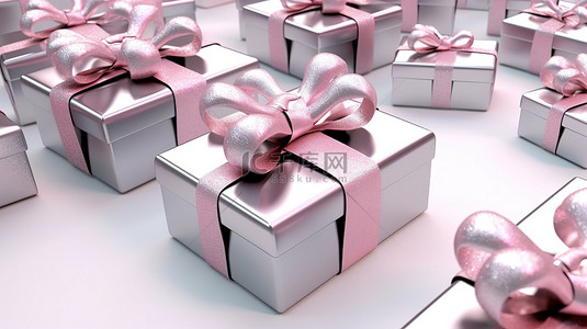 礼盒箱样机背景图片_白色背景上粉色和银色带状礼品盒的 3D 渲染
