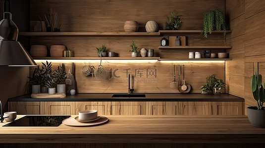 木制3d效果图中的厨房装饰