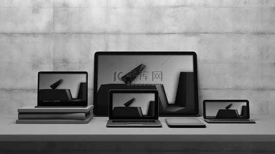 3D 插图中灰色墙架笔记本电脑手机和平板电脑上的数字设备