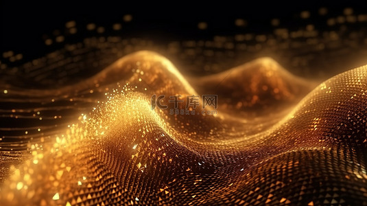 具有流动点和抽象金色波浪的网络技术的 3D 渲染插图