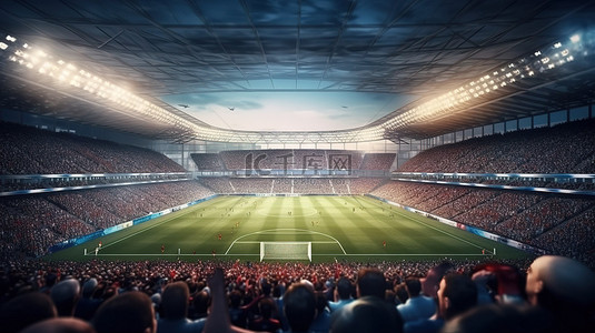 壮观的 3D 渲染足球场挤满了热切期待比赛的球迷