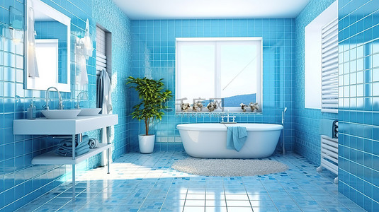 现代化家居背景图片_设计明亮的蓝色瓷砖浴室的现代化 3D 渲染