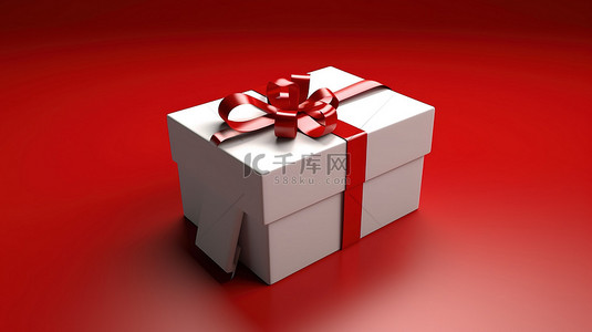 红色背景的 3D 插图，白色礼品盒系着红丝带，百分号从中出现
