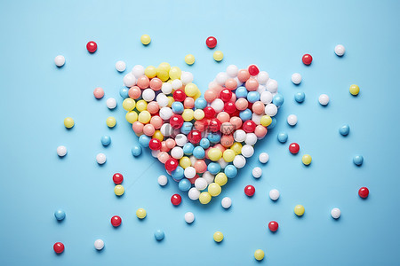 一系列色彩缤纷的爱和圆点形状的不同糖果