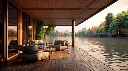 河景背景图片_现代木屋休息室，可欣赏令人惊叹的 3D 河景
