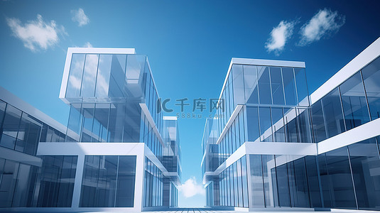 现代建筑高楼背景图片_3D 渲染中的当代建筑正面，具有华丽的蓝天背景