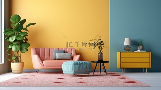 充满活力的客厅配有黄色扶手椅地毯和背景餐具柜 3D 渲染