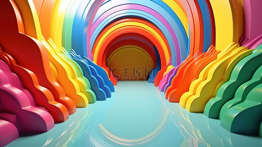 彩色背景上的复古彩虹 3d 动画与多色渲染