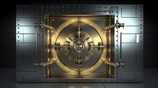 耐用的银色银行金库门解锁的 3D 渲染，从内部发出发光的金光
