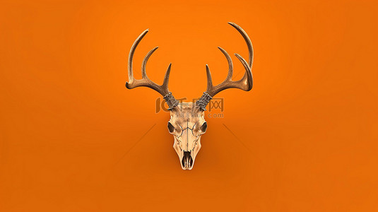 橙色背景下单色鹿头骨的 3d 渲染