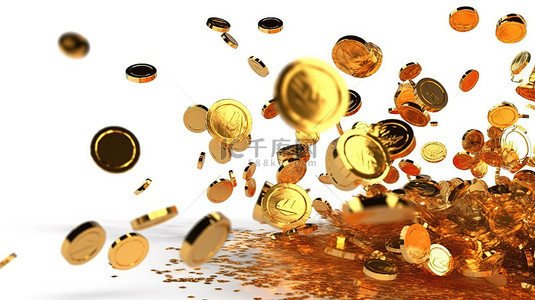 纯白色画布上的金币雨，象征着大奖或赌场体验，以 3D 技术精心渲染