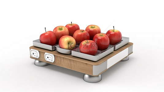 白色背景的 3D 渲染，电子秤在盒子里称重苹果