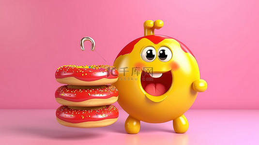 金色小猪背景图片_充满活力的粉红色甜甜圈吉祥物，配有存钱罐和阳光明媚的黄色背景上的金色美元 3D 图形插图
