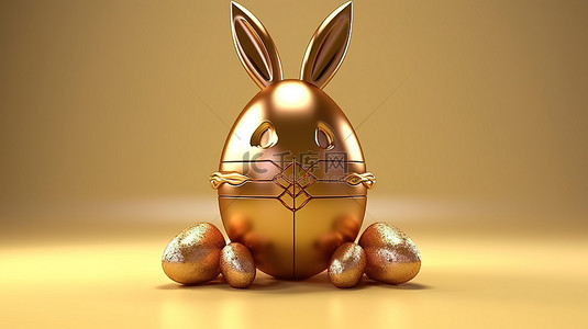 3D 渲染的复活节彩蛋，带有金色巧克力兔子耳朵