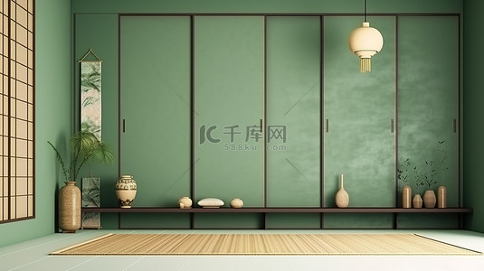 门地板背景图片_日式绿色房间设计，榻榻米地板上有纸门和橱柜架 3D 渲染