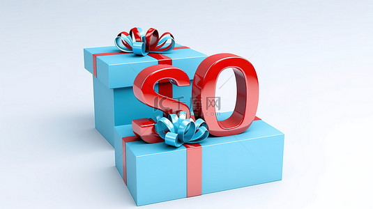 调查研究背景图片_3d 渲染红色礼品盒，白色背景上带有蓝色 seo 标志字母