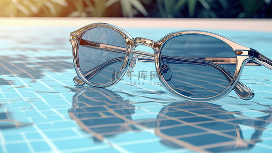 暑假结束背景图片_夏季太阳镜反射波纹游泳池的 3D 渲染