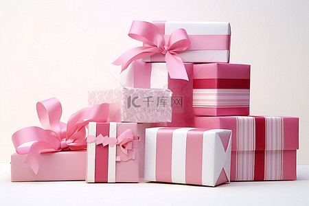 盒子粉色背景图片_白色表面上有一条粉色丝带，上面有许多粉色盒子
