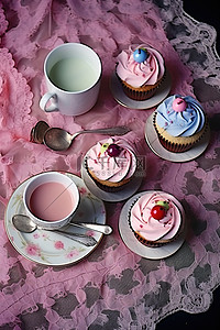 奶茶店招牌背景图片_桌上的小杯茶和纸杯蛋糕