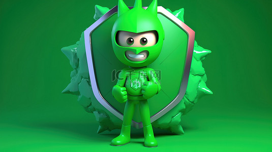 男人健康背景图片_卡通男性角色挥舞绿色健康盾和病毒图标保护的 3D 渲染
