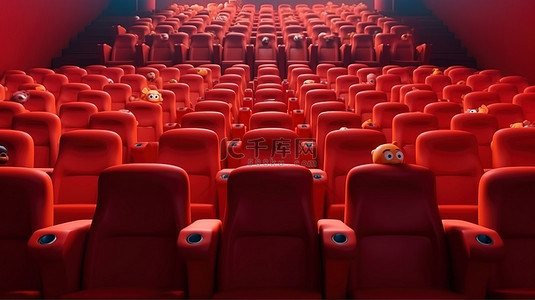 电影院中一排相同的软红色卡通椅的令人惊叹的电影体验 3D 渲染