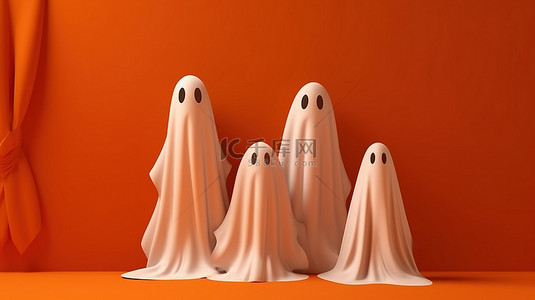恐怖万圣节设计背景图片_怪异的 3D 白色鬼魂在充满活力的橙色背景上投射出怪异的阴影，非常适合万圣节设计