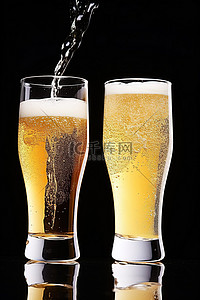 饮用水贴背景图片_两杯啤酒与饮用酒精分开，倒出液体