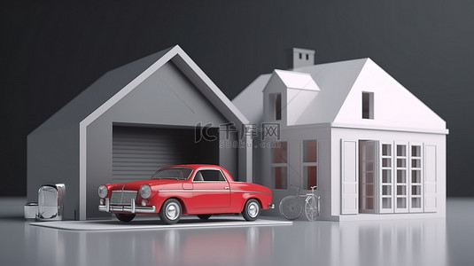 带有解锁保险箱的家用车辆和工作场所的 3D 渲染