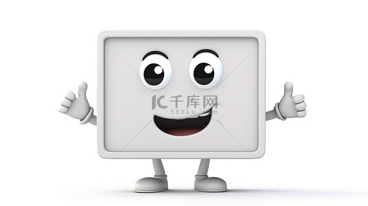 广告牌设计背景图片_白色背景图像，展示闹钟人物吉祥物的 3D 渲染，支架上有一个空白贸易展览液晶屏，可用作可定制的设计模板