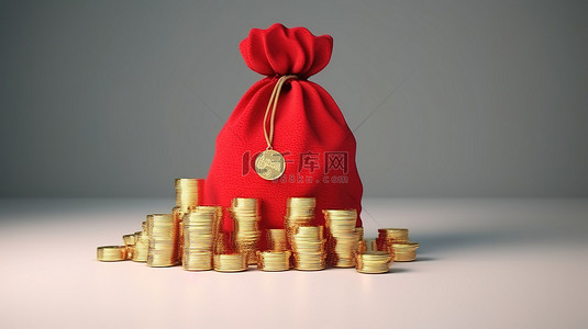 钱袋金币背景图片_一堆闪亮的金币和一个描绘财富和财富的红色钱袋的形象化