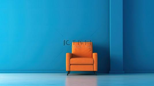 房间里橙色空白墙壁上的蓝色椅子的 3D 渲染