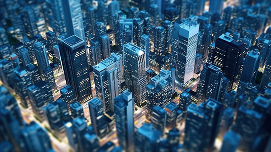 现代建筑高楼背景图片_抽象城市景观 3D 渲染摩天大楼焦点和模糊的低矮建筑从上面