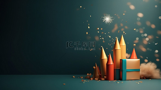 礼炮庆祝背景图片_带烟花的 3d 火箭非常适合庆祝生日派对和新年前夜