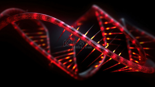 黑色背景展示充满活力的红色 DNA 的 3D 渲染