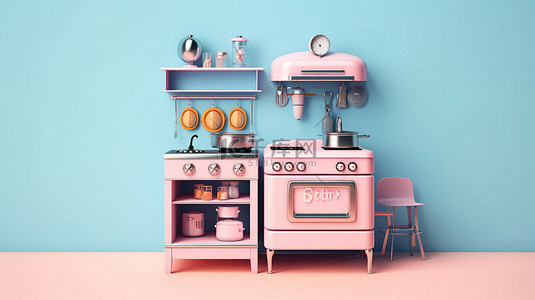 粉红色背景 3D 渲染双色调蓝色玩具厨房模型复古风格