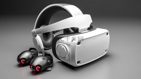 背景视觉背景图片_流线型 VR 游戏耳机，配有操纵杆和耳机，适合游戏玩家 3D 渲染插图