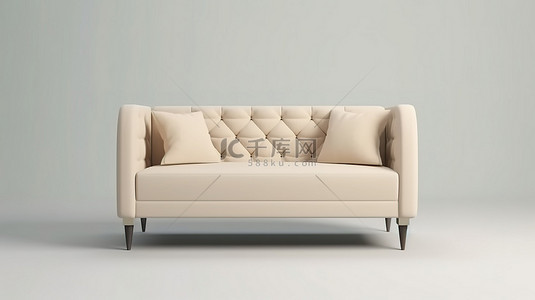 现代米色沙发的 3D 渲染，从侧面看有按钮细节