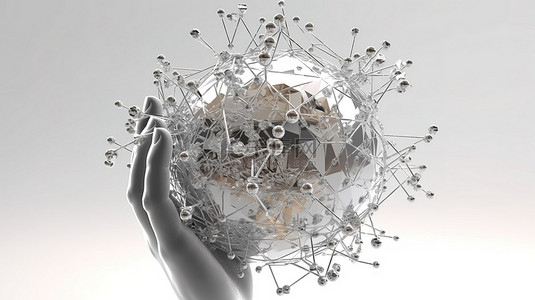 科技球体背景图片_几何原子是一个抽象的多边形球体，其中包含 DNA 神经元和分子，在线框手上包裹着白色背景 3D 渲染