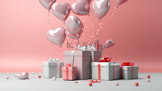 情人节背景心形气球和礼品盒的 3D 渲染