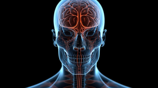 图像扫描背景图片_3d 医学图像中描绘的男性解剖结构，具有聚焦的额叶突出显示